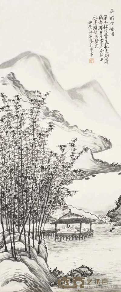 郑苏戡 水阁竹趣图 镜心 86×35cm